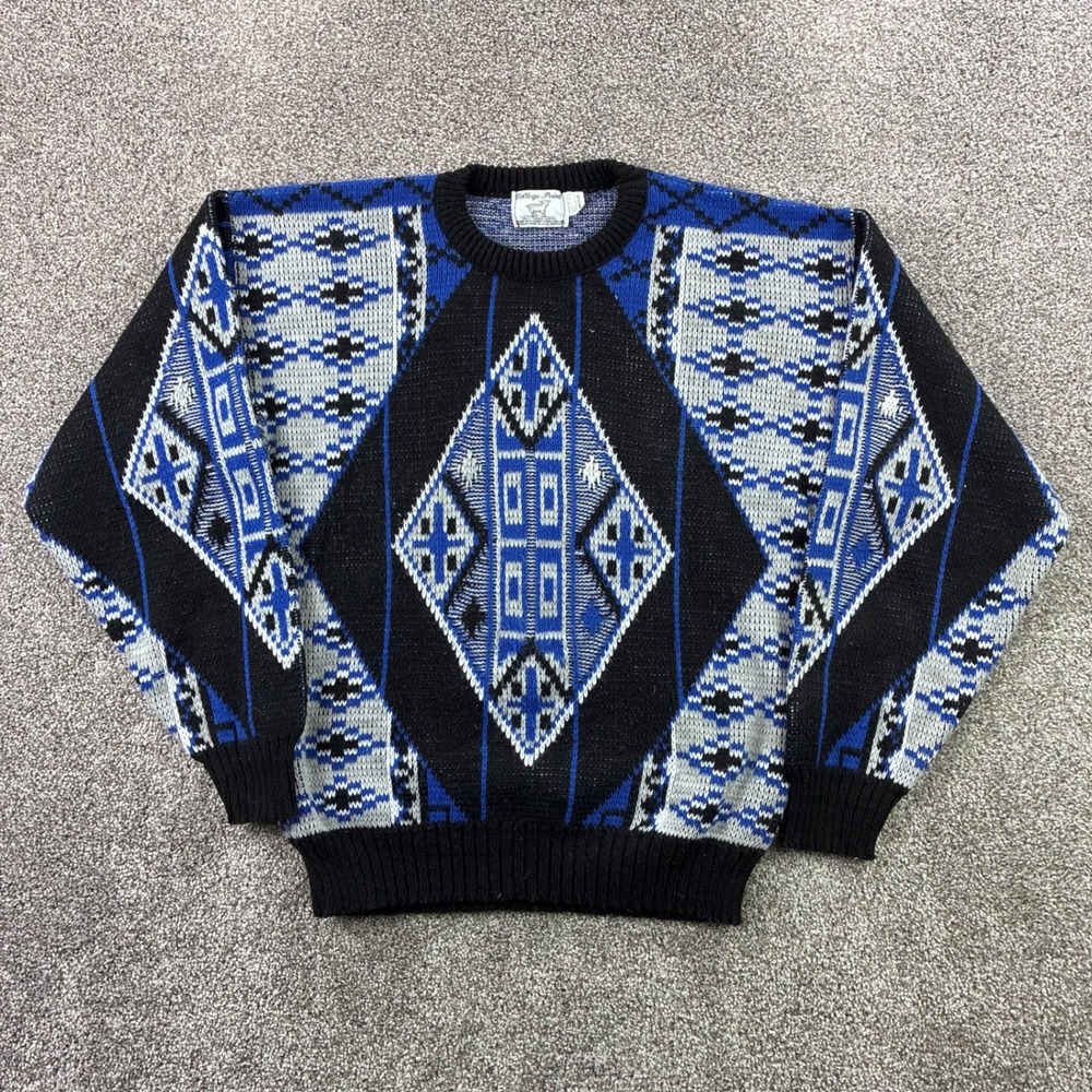 Vintage College Point Sweater Mens Medium Blue Black Abstract Geometric Knit 90s